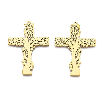 201 Stainless Steel Pendants, Cross, Real 18K Gold Plated, 49x35x1mm, Hole: 1.4mm