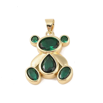 Brass Pendants, with Glass, Real 18K Gold Plated, Bear Charms, Green, 21.5x18x3.5mm, Hole: 4x3.5mm
