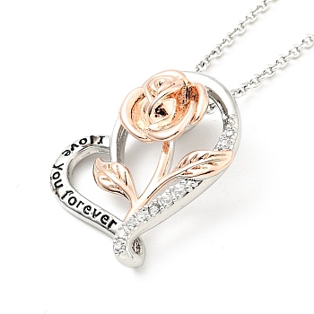 Clear Cubic Zirconia Heart with Rose Pendant Necklace, Two Tone Brass Jewelry for Women, Platinum & Rose Gold, Pedants: 23x21x8mm, 15.94 inch(40.5cm)