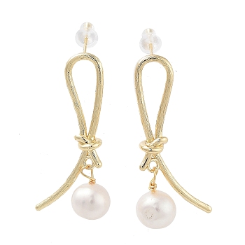 Natural Pearl Ear Studs, with Brass Findings and 925 Sterling Silver Pins, Round, Real 14K Gold Plated, 37x17mm