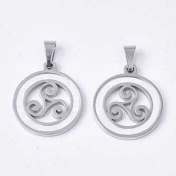 201 Stainless Steel Pendants, with Shell and Random Size Snap on Bails, Flat Round with Triskele/Triskelion, Stainless Steel Color, 23x20x2mm, Hole: 7~10x3~5mm