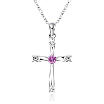 Silver Color Plated Brass Cubic Zirconia Cross Pendant Necklaces, Purple, 18 inch