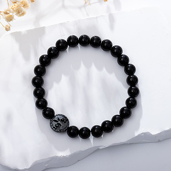 Natural Obsidian Stretch Bracelet with Tree of Life