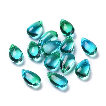 Transparent Glass Charms, Dyed & Heated, Teardrop, Dark Turquoise, 13.5x8x5.5mm, Hole: 1mm