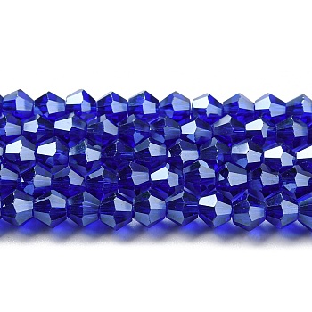 Transparent Electroplate Glass Beads Strands, Pearl Luster Plated, Faceted, Bicone, Dark Blue, 3.5mm, about 108~123pcs/strand, 12.76~14.61 inch(32.4~37.1cm)