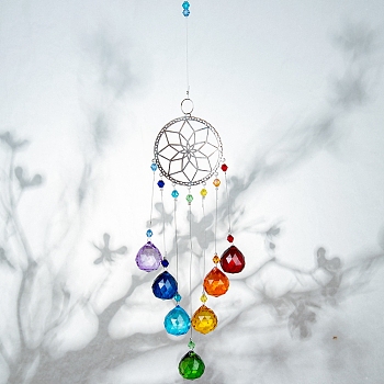 Crystals Chandelier Suncatchers Prisms Chakra Hanging Pendant, with Iron Cable Chains & Links, Glass Beads and Rhinestone, Flar Round, Platinum, 450mm