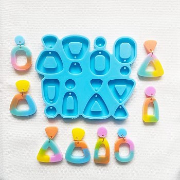 Trapezoid & Triangle & Flat Round Shape DIY Pendant Silicone Molds, Resin Casting Molds, For UV Resin, Epoxy Resin Jewelry Making, Deep Sky Blue, 97x117x7mm, Hole: 2.1mm, Inner Diameter: 11~29x11~30mm