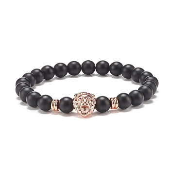 Synthetic Black Stone Round Beaded Stretch Bracelet with Brass Lion, Gemstone Jewelry for Women, Rose Gold, Inner Diameter: 2-1/8 inch(5.5cm)