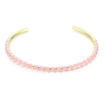 Twisted Brass Enamel Cuff Bangle, Real 18K Gold Plated Open Bangle for Women, Nickel Free, Pink, Inner Diameter: 2-3/8 inch(5.95cm)
