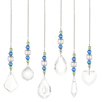 6Pcs 6 Style Transparent Glass Pendant Decorations, Hanging Sun Catchers, with Glass Beads, for Home Decoration, Mixed Shapes, 229~250mm, 1pc/style