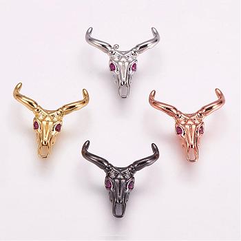 Brass Micro Pave Cubic Zirconia Beads, Cattle Skull, Mixed Color, 20x18x7mm, Hole: 2mm