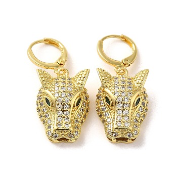 Leopard Head Brass Dangle Leverback Earrings, with Cubic Zirconia, Real 18K Gold Plated, 34x15mm