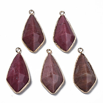 Natural Rhodonite Charms, with Golden Plated Brass Edge and Loop, Faceted, Rhombus, 35x17.5x8.5mm, Hole: 2mm