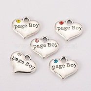 Wedding Theme Antique Silver Tone Tibetan Style Heart with Page Boy Rhinestone Charms, Mixed Color, 14x16x3mm, Hole: 2mm(X-TIBEP-N005-14)