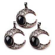 Natural Obsidian Pendants, with Red Copper Plated Brass Findings, Moon, 34x30x9~9.5mm, Hole: 5x8mm(G-L602-01R-21)