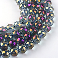 Electroplate Glass Beads Strands, Rainbow Plated, Round, Purple, 7.5x8.5mm, Hole: 1mm, about 104pcs/strand, 30.3 inch(X-EGLA-Q062-8mm-A03)