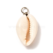 Natural Cowrie Shell Pendants, Shell Charms with Eco-Friendly Copper Wire, Platinum, 24~30x14~17x5~9mm, Hole: 4mm(X-PALLOY-JF00940-02)