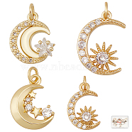 8Pcs 4 Style Brass Micro Pave Clear Cubic Zirconia Pendants, Long-Lasting Plated, Moon & Star & Moon with Sun, Real 18K Gold Plated, 14~20.5x9~15x2.5~3.5mm, Hole: 2.6~3mm, 2pcs/style(ZIRC-BBC0001-13)