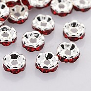 Brass Rhinestone Spacer Beads, Grade AAA, Wavy Edge, Nickel Free, Silver Color Plated, Rondelle, Light Siam, 8x3.8mm, Hole: 1.5mm(RB-A014-L8mm-21S-NF)