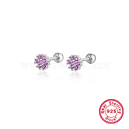 Rhodium Plated Platinum 925 Sterling Silver Flower Stud Earrings, with Cubic Zirconia, Purple, 5mm(TL5591-2)