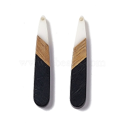 Opaque Resin & Walnut Wood Pendants, Teardrop Charms, Black, 44x7.5x3.5mm, Hole: 1.5mm(RESI-M027-12D)