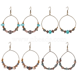 3 Pairs 3 Style Bohemia Glass & Acrylic Beaded Circle Ring Dangle Earrings, Antique Bronze Alloy Long Drop Earrings for Women, Mixed Color, 67.5~72.3x41~48mm, Pin: 0.65mm, 1 Pair/Style(EJEW-AN0002-95)