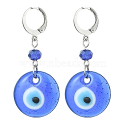 Evil Eye Glass Leverback Earrings, 304 Stainless Steel Dangle Earring for Women, Royal Blue, 46.5x20mm(EJEW-JE05573-01)