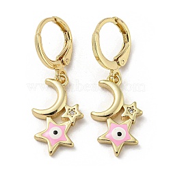 Real 18K Gold Plated Brass Dangle Leverback Earrings, with Enamel and Cubic Zirconia, Moon & Star with Evil Eye, Pearl Pink, 32x11mm(EJEW-A033-18G-02)