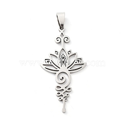 201 Stainless Steel Pendants, Laser Cut, Lotus Charm, Stainless Steel Color, 49.5x25x1.5mm, Hole: 8.5x4.5mm(STAS-A090-04P)
