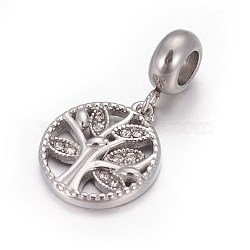 304 Stainless Steel European Dangle Charms, with Rhinestone, Large Hole Pendants, Flat Round with Tree of Life, Stainless Steel Color, Crystal, 26mm, Hole: 4.5mm, Pendant: 16.5x14x2.5mm(X-OPDL-L013-45P)