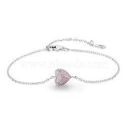 925 Sterling Silver Pink Cubic Zirconia Link Bracelets,  Cable Chains Bracelets for Women, Heart, Silver, 5/8 inch(1.5cm)(AV6234-4)