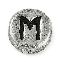 925 Sterling Silver Flat Round with Letter Beads, with 925 Stamp, Antique Silver, Letter M, 6.5x3mm, Hole: 1.2mm(STER-G044-01AS-M)