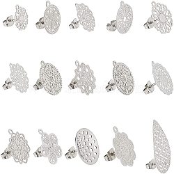 DICOSMETIC 30Pcs 15 Style 304 Stainless Steel Stud Earring Findings, with Loop, Stainless Steel Color, 12.5~26x10.5~17mm, Hole: 1mm, pin: 0.7mm, 2pcs/style(STAS-DC0001-40)