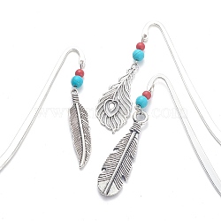 3Pcs Tibetan Style Alloy Feather Pendant Bookmarks, with Synthetic Turquoise & Dyed Synthetic Coral Beads, Hook Bookmarks, Antique Silver & Silver, 84mm(AJEW-JK00198)