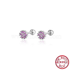 Rhodium Plated Platinum 925 Sterling Silver Flower Stud Earrings, with Cubic Zirconia, Purple, 5mm(TL5591-2)