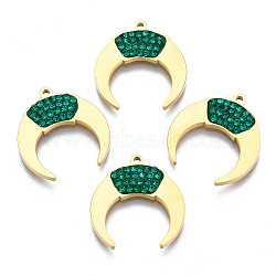 316 Surgical Stainless Steel Pendants, with Micro Pave Cubic Zirconia, Real 14K Gold Plated, Double Horn/Crescent Moon, Green, 17.5x16x2mm, Hole: 1mm(STAS-S116-420B)