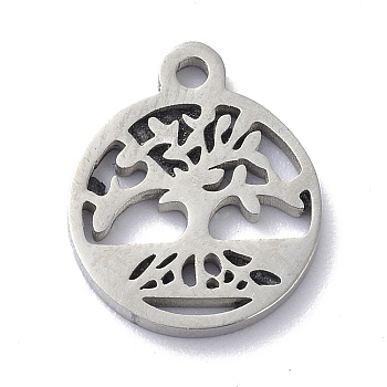 304 Stainless Steel Charms, Flat Round with Tree Pattern, Stainless Steel Color, 13.5x11.5x1.3mm, Hole: 1.4mm