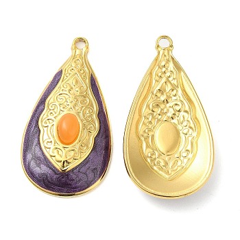 Enamel Pendants, with 304 Stainless Steel Finding and Arcylic Cabochons, Real 18K Gold Plated, Teardrop Charm, Indigo, 34.5x18x6mm, Hole: 2mm