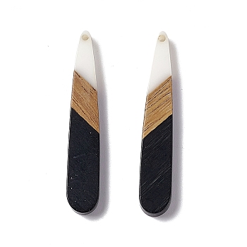 Opaque Resin & Walnut Wood Pendants, Teardrop Charms, Black, 44x7.5x3.5mm, Hole: 1.5mm