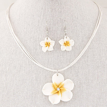 Flower Polymer Clay with Wax Cord Pendant Necklaces & Dangle Earrings Sets, White, 400mm