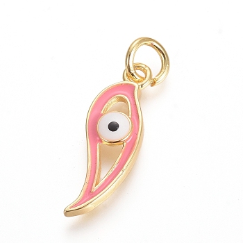 Golden Plated Brass Pendants, with Enamel and Jump Rings, Long-Lasting Plated, Evil Eye, Pink, 22.5x7.5x2.5mm, Hole: 3.5mm