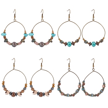 3 Pairs 3 Style Bohemia Glass & Acrylic Beaded Circle Ring Dangle Earrings, Antique Bronze Alloy Long Drop Earrings for Women, Mixed Color, 67.5~72.3x41~48mm, Pin: 0.65mm, 1 Pair/Style