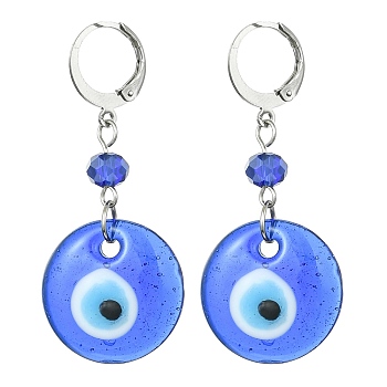 Evil Eye Glass Leverback Earrings, 304 Stainless Steel Dangle Earring for Women, Royal Blue, 46.5x20mm