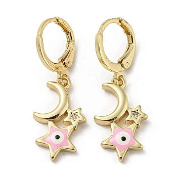 Real 18K Gold Plated Brass Dangle Leverback Earrings, with Enamel and Cubic Zirconia, Moon & Star with Evil Eye, Pearl Pink, 32x11mm
