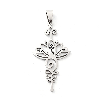 201 Stainless Steel Pendants, Laser Cut, Lotus Charm, Stainless Steel Color, 49.5x25x1.5mm, Hole: 8.5x4.5mm