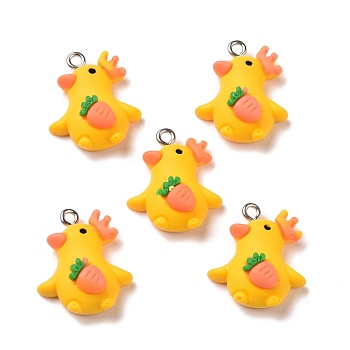 Opaque Resin Pendants, with Platinum Tone Iron Loops, Duck with Carrot, Gold, 22x18.5x8.5mm, Hole: 2mm