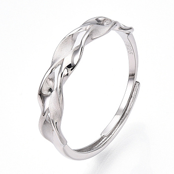 925 Sterling Silver Adjustable Ring Settings, with S925 Stamp, Wave, Real Platinum Plated, US Size 9 1/4(19.1mm)