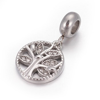 304 Stainless Steel European Dangle Charms, with Rhinestone, Large Hole Pendants, Flat Round with Tree of Life, Stainless Steel Color, Crystal, 26mm, Hole: 4.5mm, Pendant: 16.5x14x2.5mm