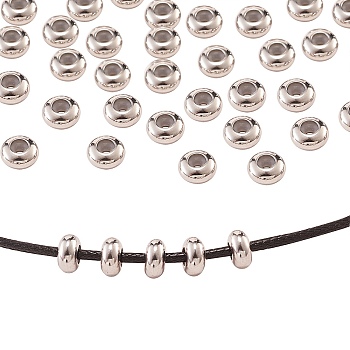 50Pcs 304 Stainless Steel Beads, with Rubber Inside, Slider Beads, Stopper Beads, Rondelle, Stainless Steel Color, 7x3.5mm, Hole: 1mm