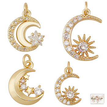 8Pcs 4 Style Brass Micro Pave Clear Cubic Zirconia Pendants, Long-Lasting Plated, Moon & Star & Moon with Sun, Real 18K Gold Plated, 14~20.5x9~15x2.5~3.5mm, Hole: 2.6~3mm, 2pcs/style